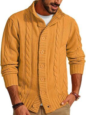 🆕Men's Yellow Cable Knit Cardigan Sweater Button Down Stand Collar Jacket